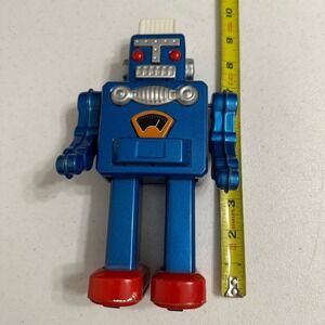 MS 360 Wind Up Walking Robot Toy Blue Tin Metal Mechanical Vintage Style 9"